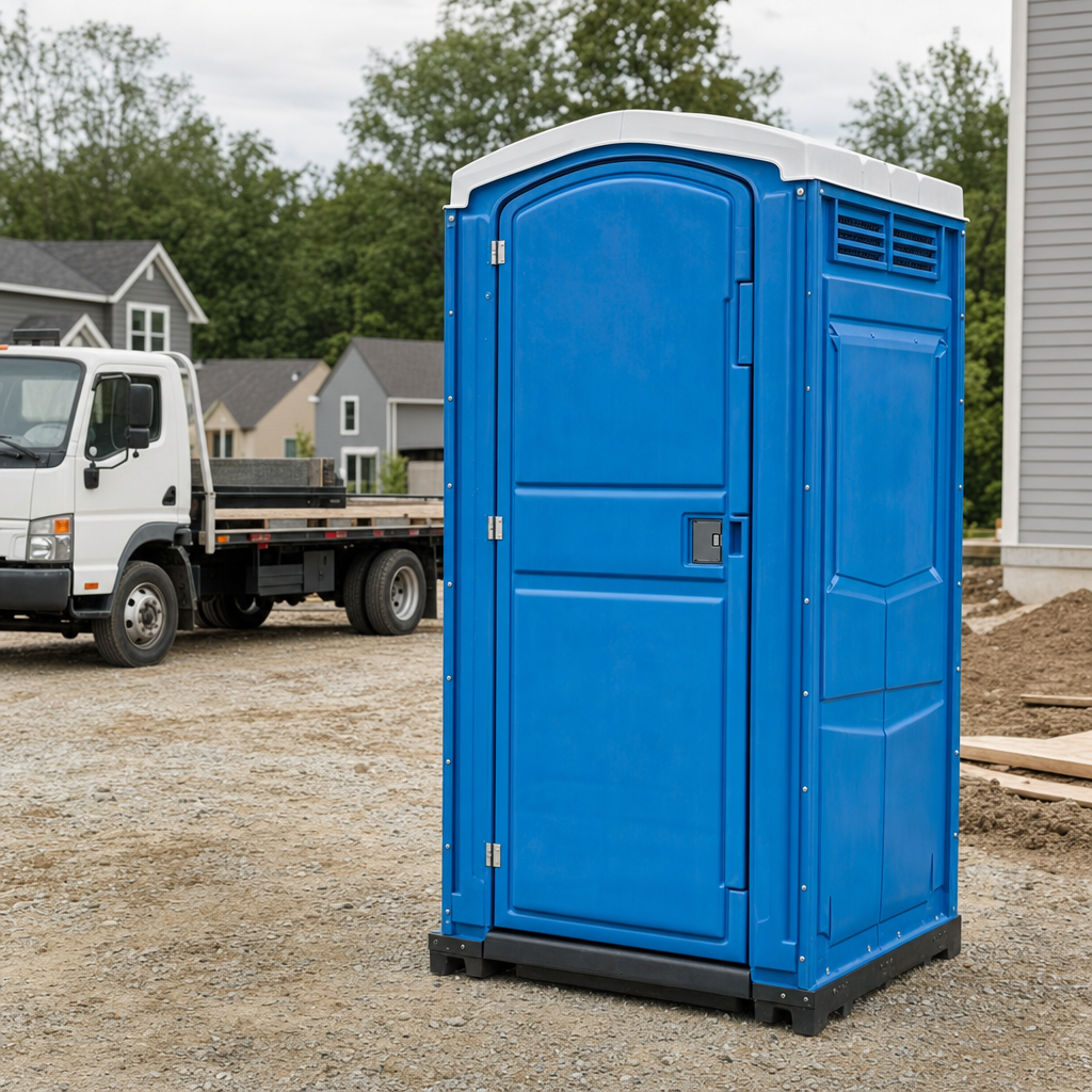 Delivery driver positioning a clean royal-blue portable toilet on level ground at a Killeen worksite