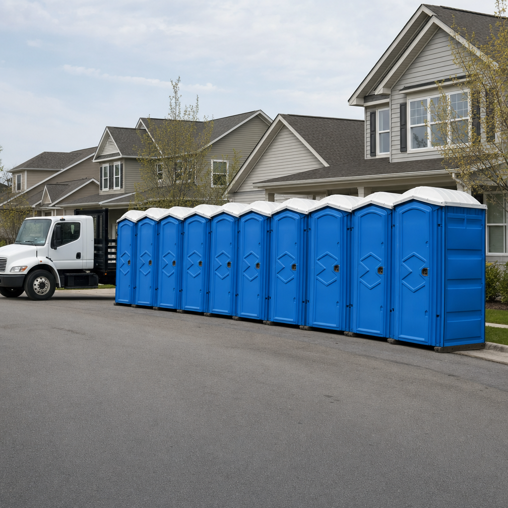 Royal blue portable toilets staged in a tidy row at a Killeen jobsite, ready for delivery